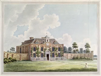 Uitzicht op Dawley House, Harlington, Middlesex, ca. 1820 (kleurengraving)